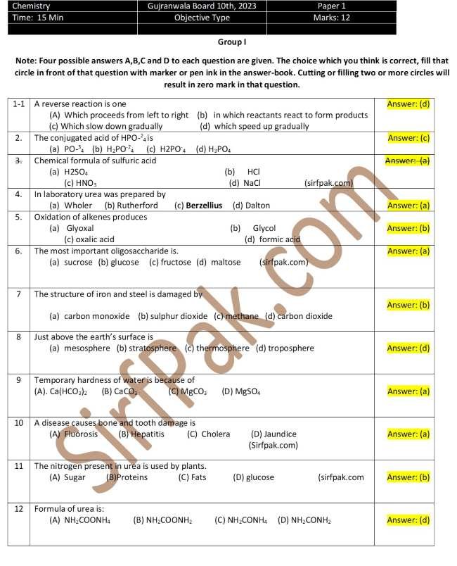 10th Class Past Papers BISE Gujranwala 2023 – Chemistry Objective Group 1