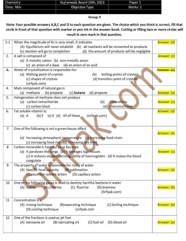 10th Class Past Papers Gujranwala 2023 Chemistry Objective Group 2