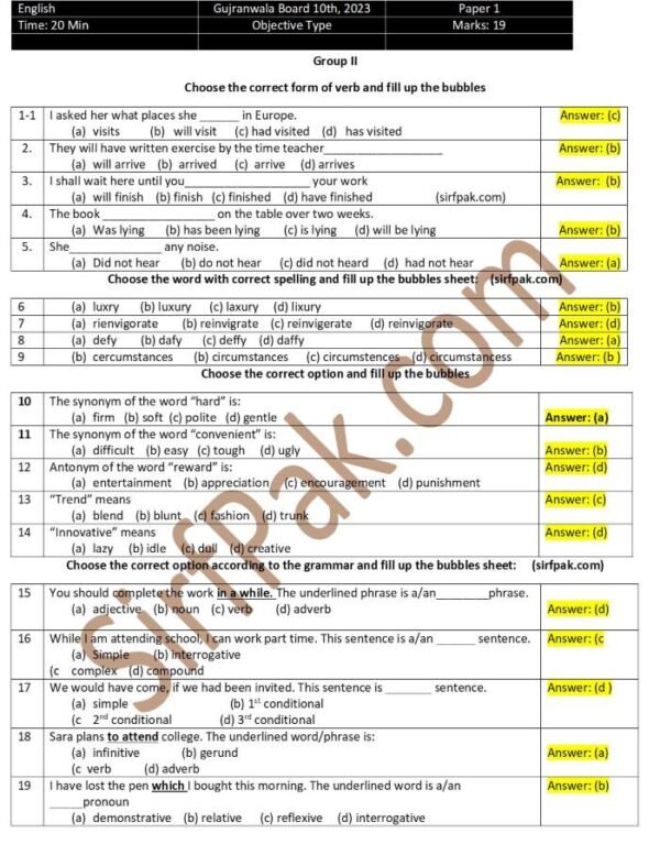 10th Class Past Papers BISE Gujranwala Board, English Objective 2023 Group 2