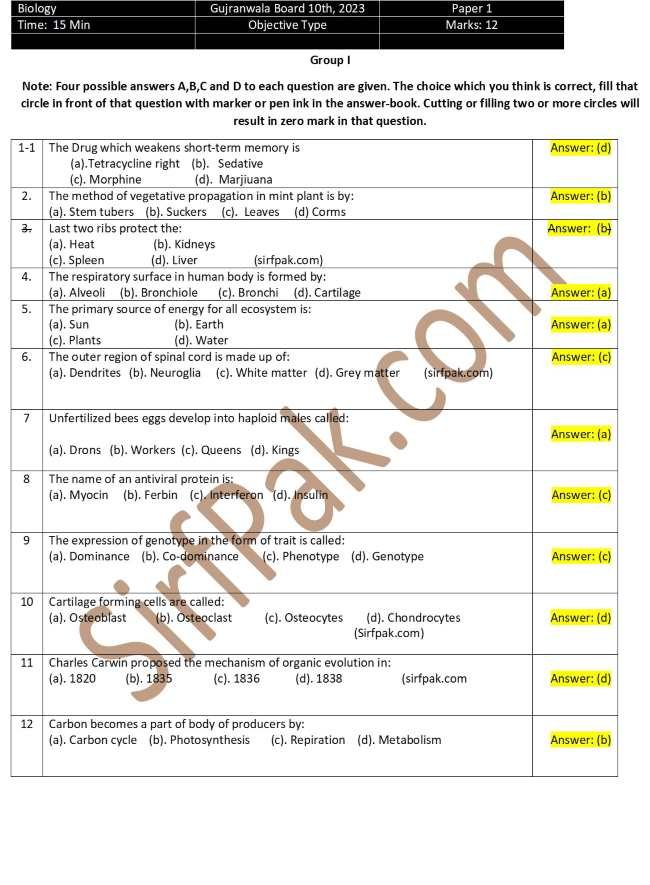 10th Class Past Papers Gujranwala Board 2023 Biology Objective Group 1