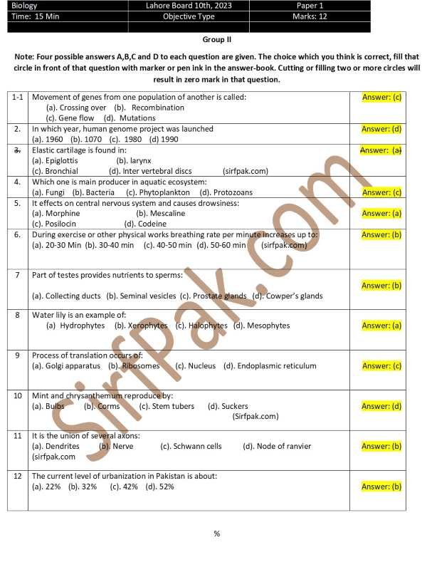 10th Class Past Papers BISE Lahore 2023, Biology Objective Group 2