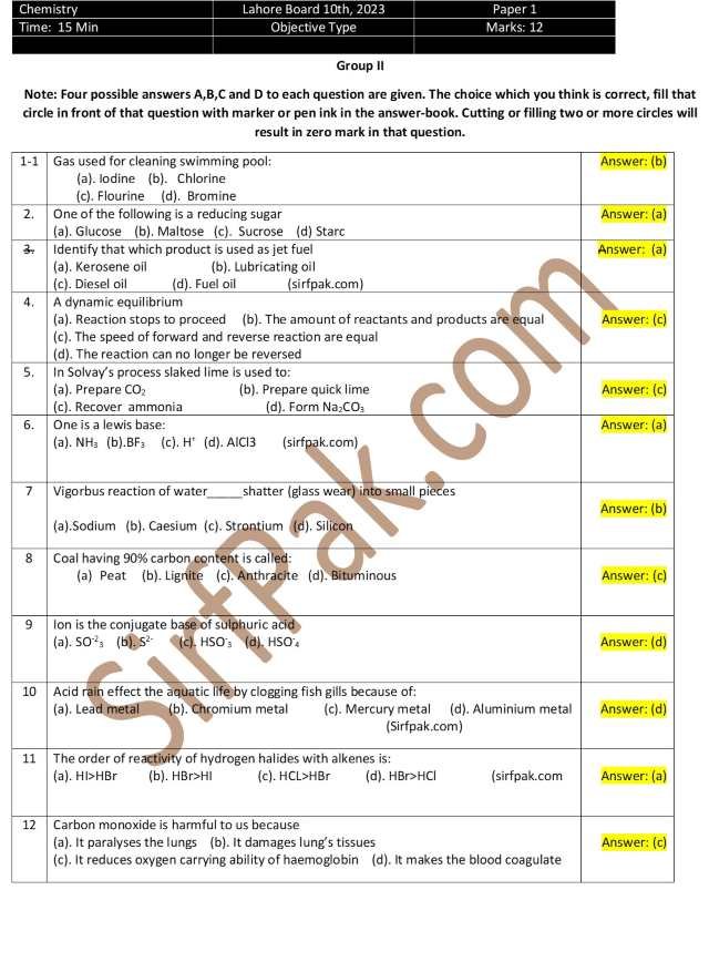 10th Class Past Papers Lahore Board 2023, Chemistry Objective Group 2