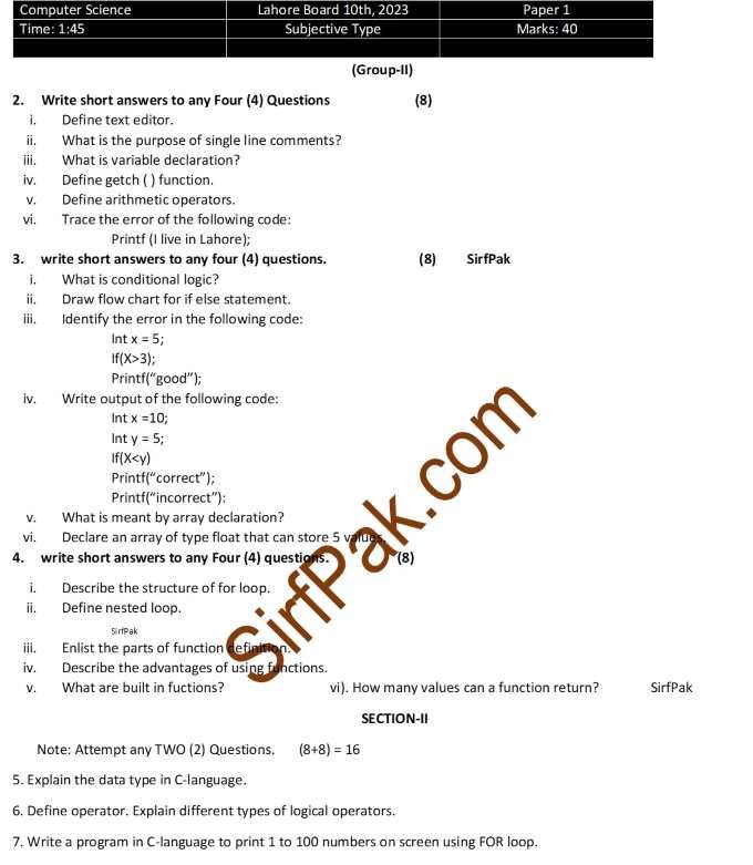 Lahore Board: 10th Class Computer Science Subjective 2023 Group 2