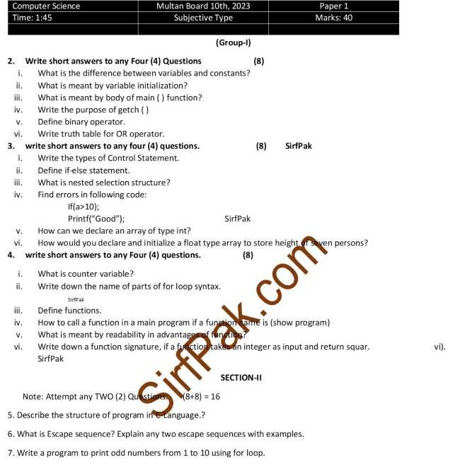 10th Class Multan Board: Computer Science Subjective 2023 Group 1