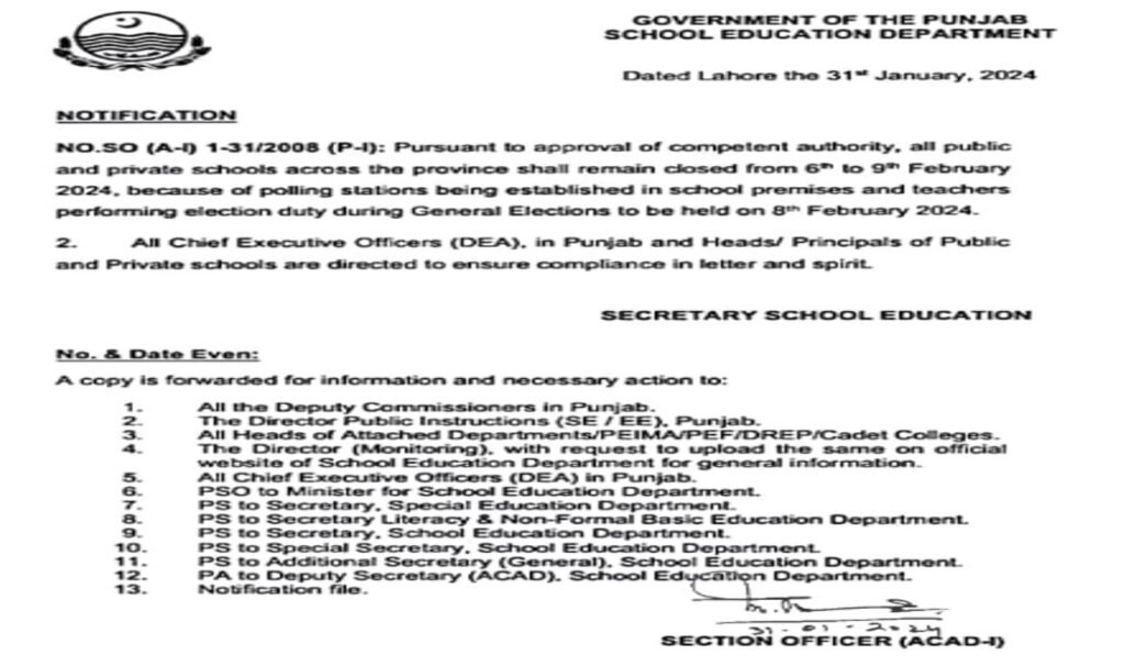 Punjab School Holidays Notification