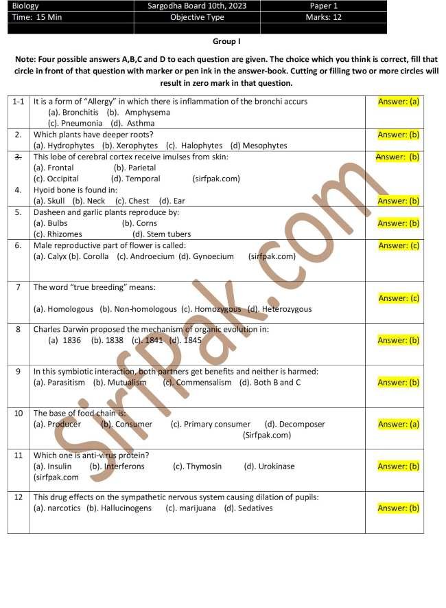 10th Class Biology Objective Sargodha Board 2023 Group 1