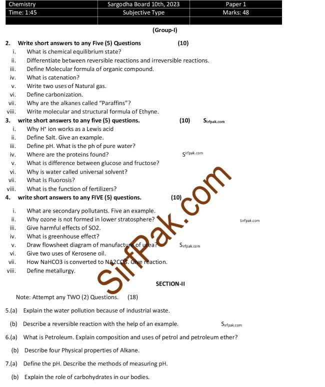 Sargodha Board: 10 Class Chemistry Subjective 2023 Group 1